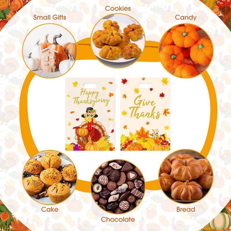 PERFQU 40 Pcs Thanksgiving Gift Bags - Happy Thanks giving Goodie Bags, Plastic Fall Maple Leaves Pumpkin Give Thanks Turkey Treat Candy Favor Tote Bags with Handles for Autumn Thanksgiving Party Favors Bulk - Image 5